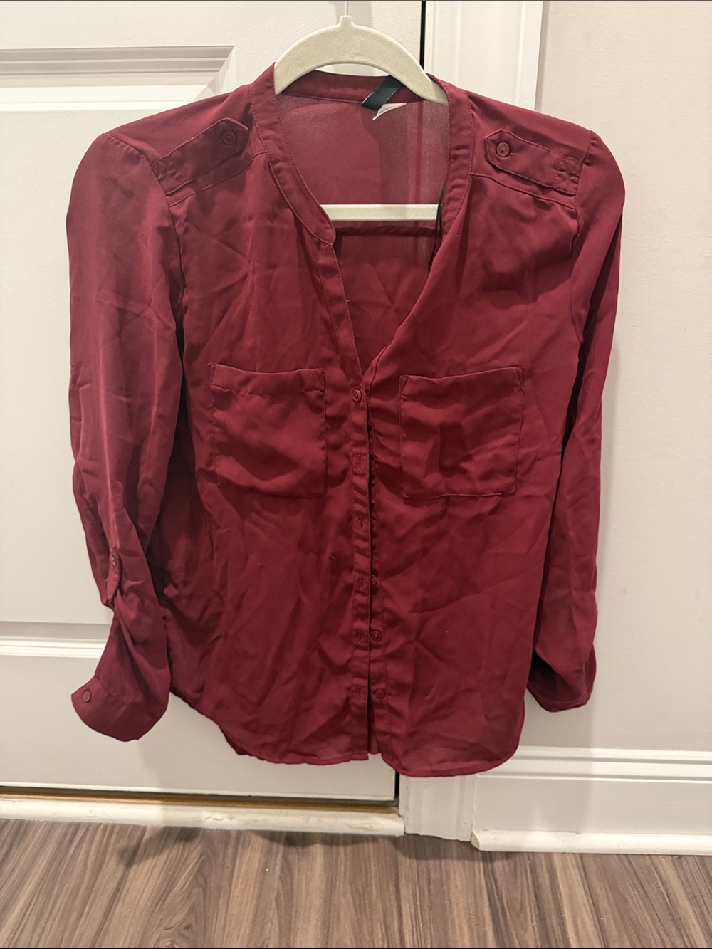 Divided Burgundy Button-Front V-Neck Long-Sleeve Blouse
